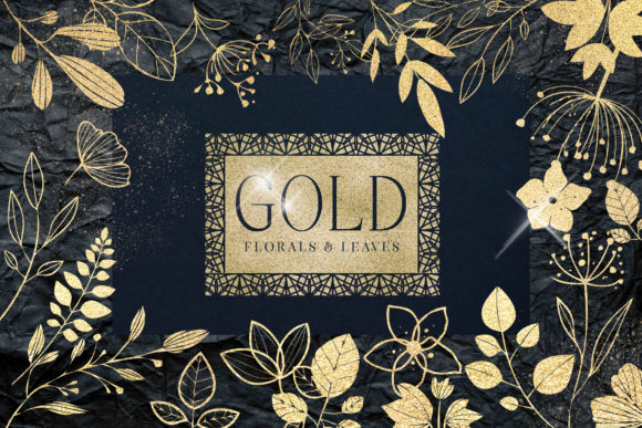 Download Gold Foil Textured Leaves Flowers PNG - Premium Resources